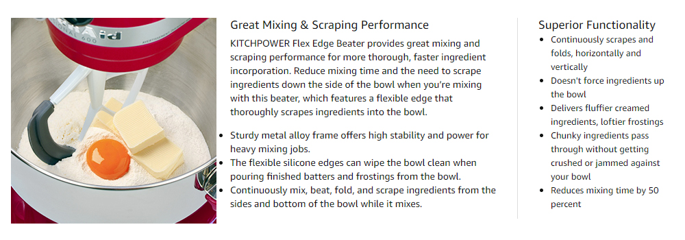 KITCHPOWER 6 Quart Flex Edge Beater for KitchenAid Bowl-Lift Stand Mixers/ KitchenAid Mixer Attachmen - kitchpower